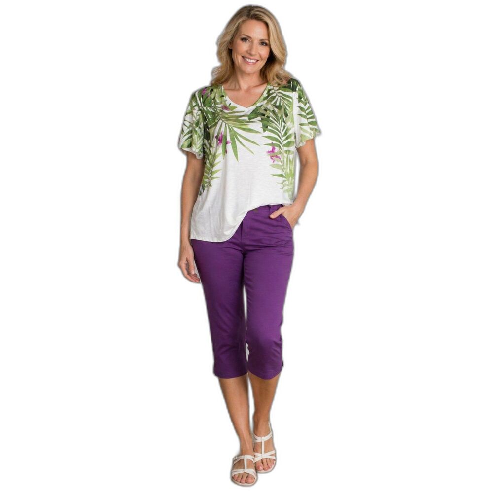 Chico's 2 L 12 14 Purple Lillys & Palm Leaves Short Sleeve Casual Top
